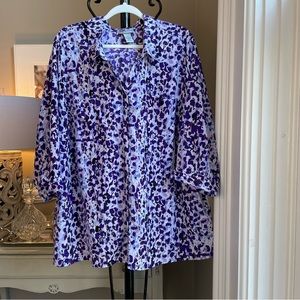 Catherines Button Up Blouse Size 2X Purple Abstract Print 3/4 Length Sleeves